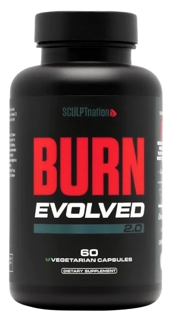 Burn Evolved: a black Burn Evolved 2.0 bottle labeled 60 vegetarian capsules
